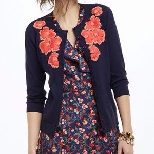 Anthropologie Tabitha Firebloom Navy Button Up Floral Embroidered Cardigan